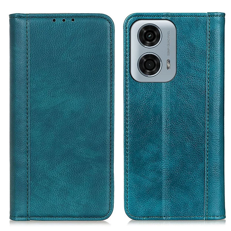 For Motorola Moto G24 Power Case Litchi Texture Split Leather Magnetic Closing Wallet Phone Cover - Green