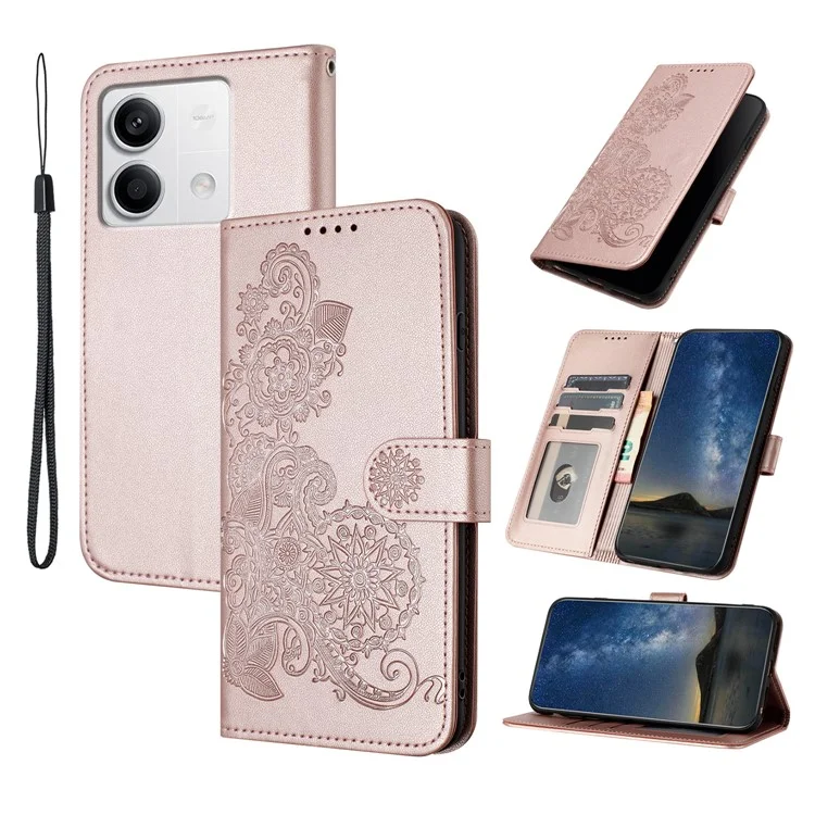 For Xiaomi Redmi Note 13 4G Phone Cases Mandala Flower Leather Wallet Mobile Cover with Strap - Rose Gold