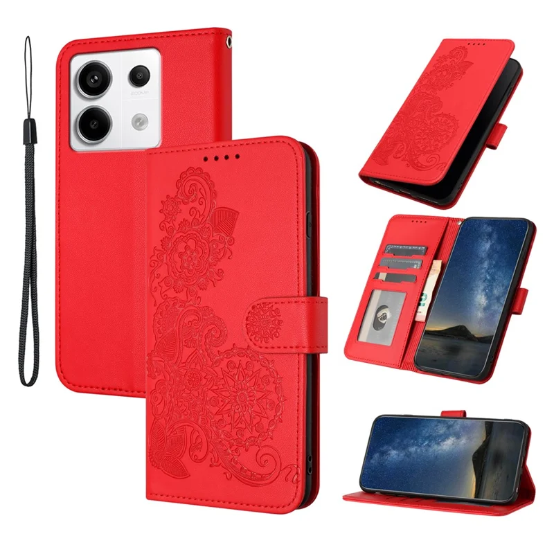For Xiaomi Redmi Note 13 Pro 5G / Poco X6 5G Phone Cases Mandala Flower Leather Wallet Mobile Cover with Strap - Red
