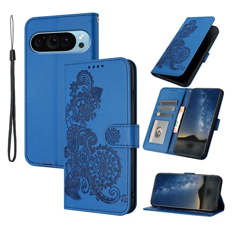For Google Pixel 9 / Pixel 9 Pro Phone Cases Mandala Flower Leather Wallet Mobile Cover with Strap - Sapphire