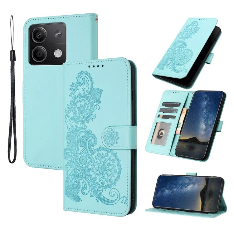 For Xiaomi Redmi Note 13 5G Phone Cases Mandala Flower Leather Wallet Mobile Cover with Strap - Baby Blue