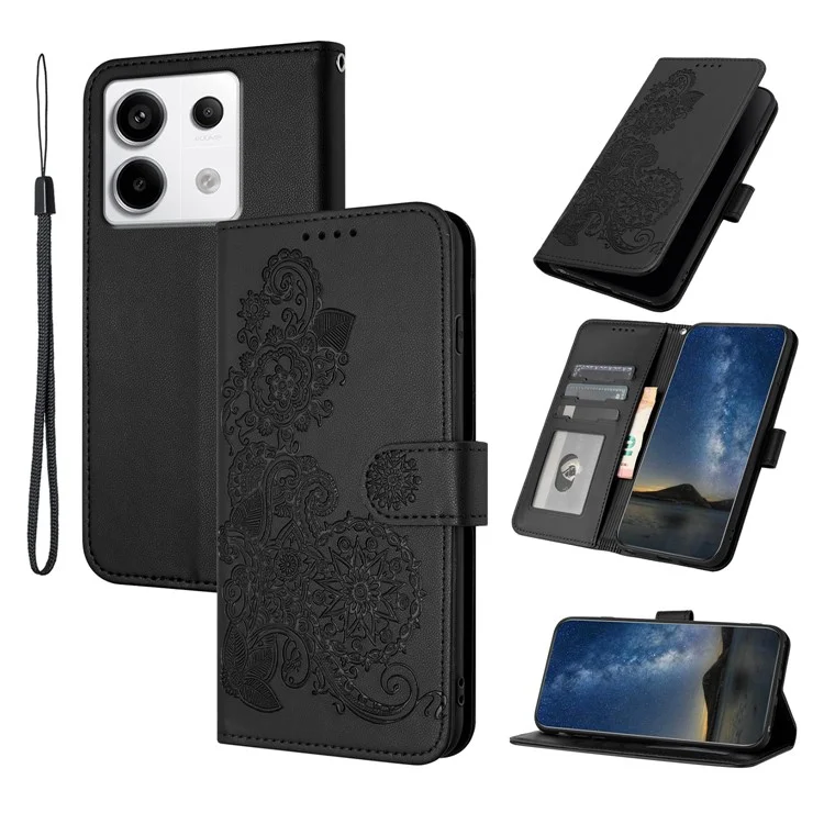 For Xiaomi Redmi Note 13 Pro 4G / Poco M6 Pro 4G Phone Cases Mandala Flower Leather Wallet Mobile Cover with Strap - Black