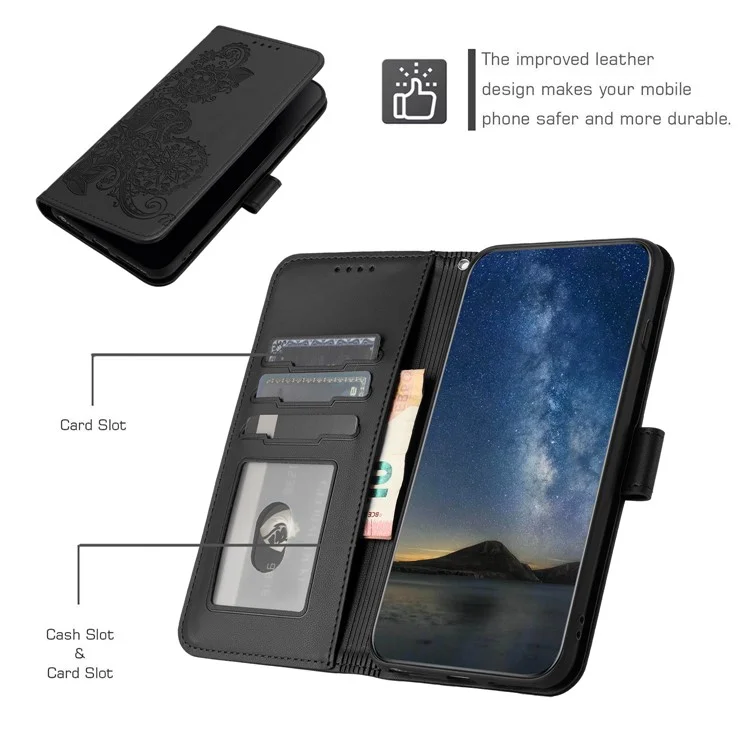 For Xiaomi Redmi Note 13 Pro 4G / Poco M6 Pro 4G Phone Cases Mandala Flower Leather Wallet Mobile Cover with Strap - Black