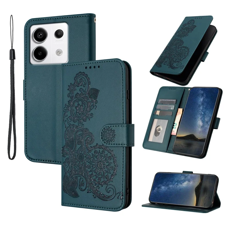 For Xiaomi Redmi Note 13 Pro 4G / Poco M6 Pro 4G Phone Cases Mandala Flower Leather Wallet Mobile Cover with Strap - Blackish Green