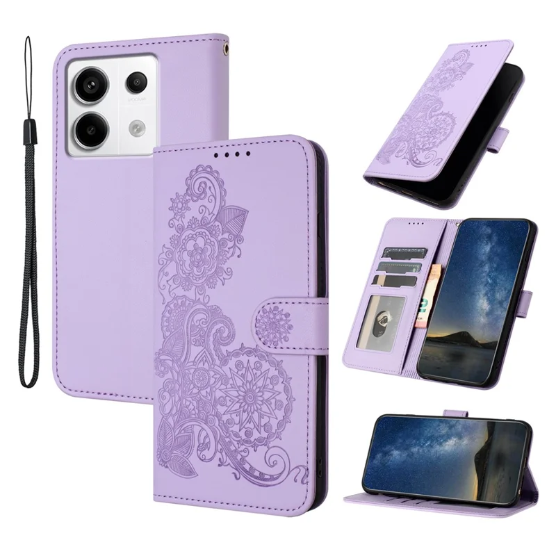 For Xiaomi Redmi Note 13 Pro 4G / Poco M6 Pro 4G Phone Cases Mandala Flower Leather Wallet Mobile Cover with Strap - Purple