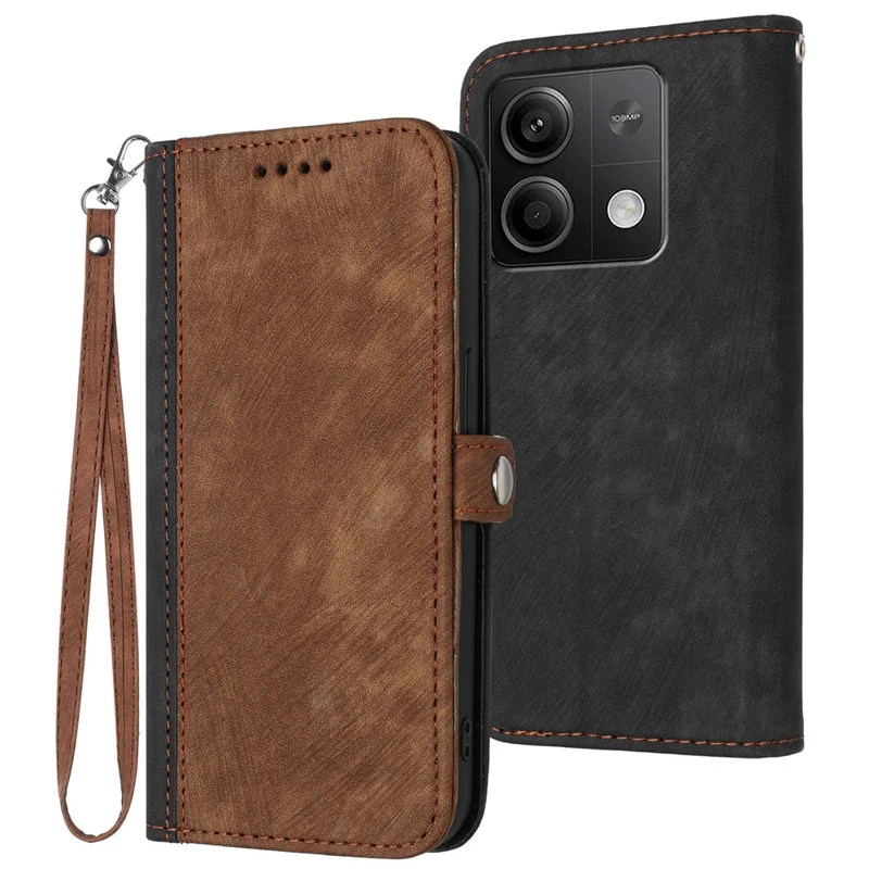 YX0020 For Xiaomi Redmi Note 13 5G Case PU Leather Shockproof Wrist Strap Phone Cover - Coffee