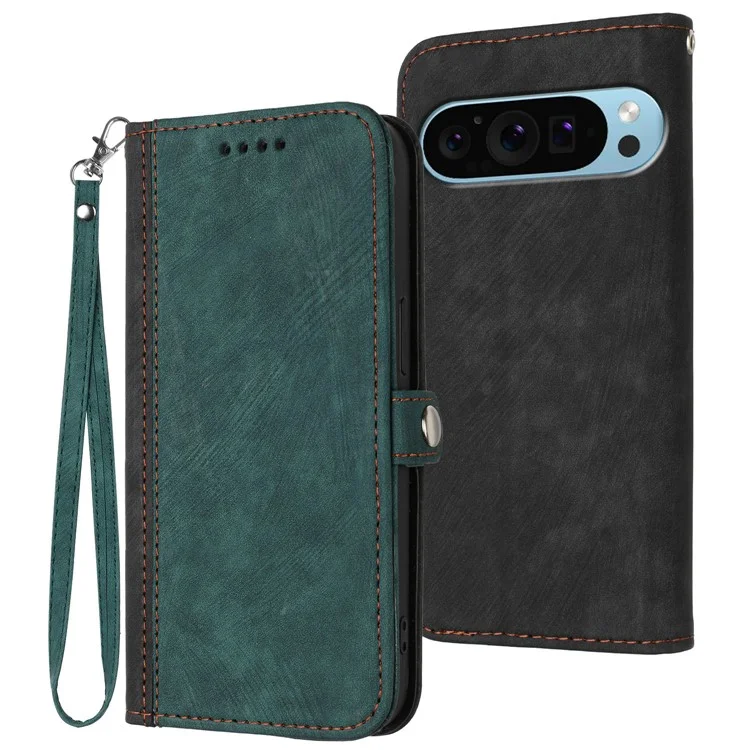 YX0020 Für Google Pixel 9 Pro XL Schutzhülle aus PU-Leder Wallet Phone Cover mit Riemen - Dunkelgrün