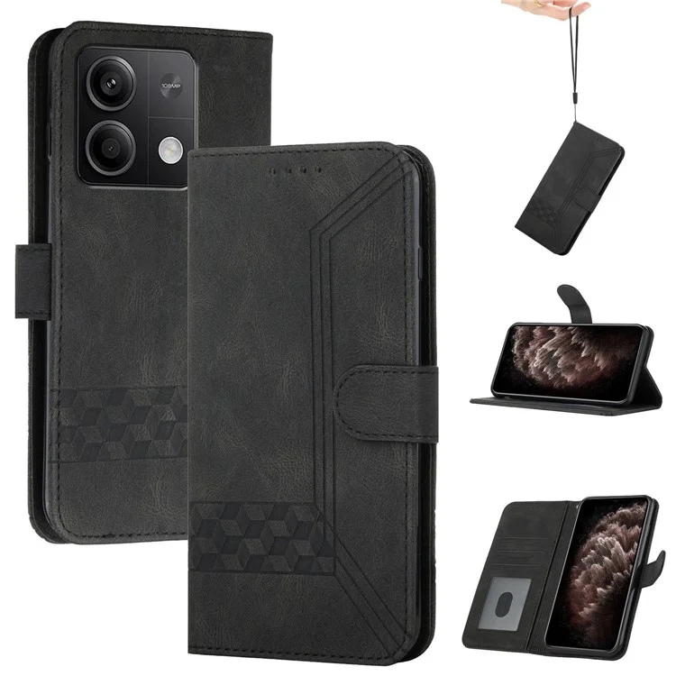 YX0010 Series for Xiaomi Redmi Note 13 5G Case Imprinted Leather Card Slots Phone Cover with Hand Strap - Black