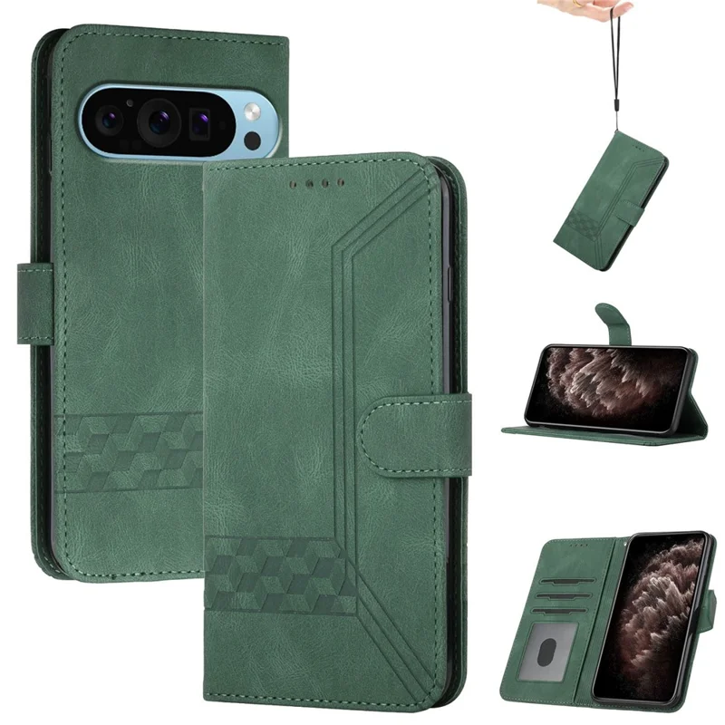 YX0010 Series Phone Stand Case for Google Pixel 9 / Pixel 9 Pro PU Leather Cell Phone Cover PU Leather Wallet - Blackish Green