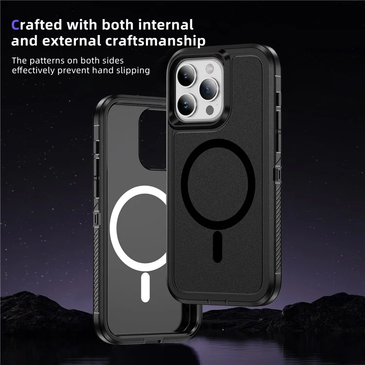 Für iPhone 14 Pro Case Matte TPU+PC Rutschfeste Seitenkante Handyhülle Kompatibel mit MagSafe - Schwarz+Schwarz