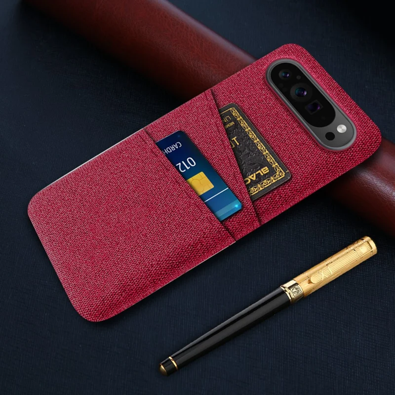 For Google Pixel 9 Pro XL Cell Phone Cases Dual Card Holder Cloth Texture Hard PC Cover - Red