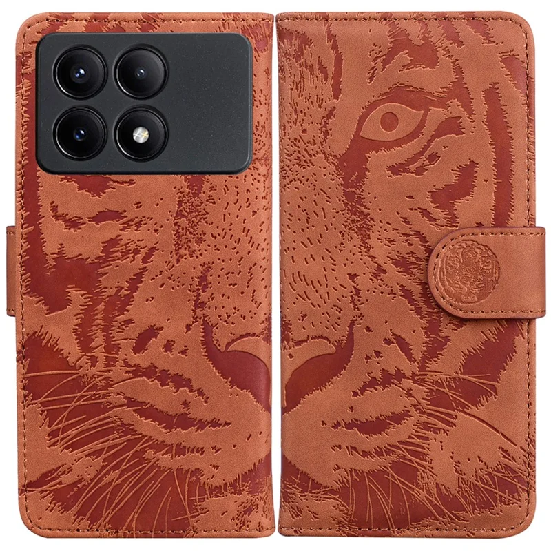 PU Leather Phone Stand Shell for Xiaomi Poco X6 Pro 5G / Redmi K70E 5G Cover Tiger Imprinted Pattern Case - Brown