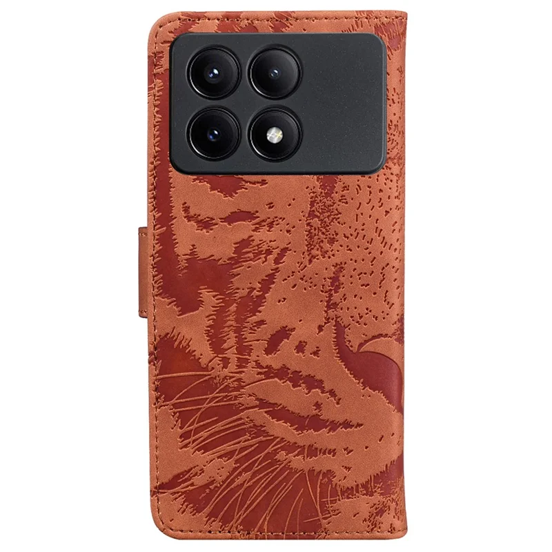 PU Leather Phone Stand Shell for Xiaomi Poco X6 Pro 5G / Redmi K70E 5G Cover Tiger Imprinted Pattern Case - Brown