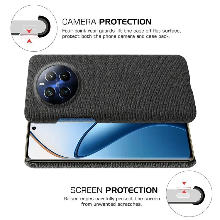 For Realme 12 Pro 5G / 12 Pro+ 5G Case Scratch-resistant PC+Cloth Smart Phone Back Protector - Black