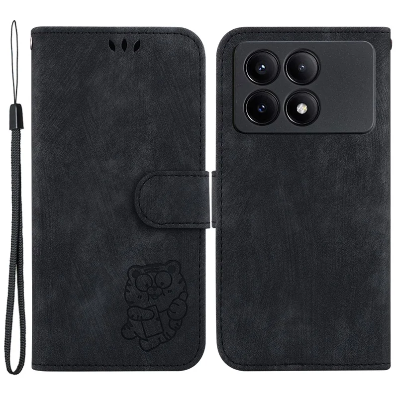 Pour Xiaomi Redmi K70E 5G / Poco X6 Pro 5G Étui en cuir Impression de tigre Housse de téléphone avec sangle - Noir