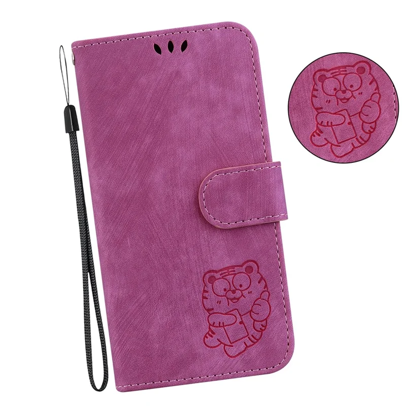 For Xiaomi Redmi A3 / Poco C61 4G Case Leather Protective Cover Tiger Imprint Phone Shell with Hand Strap - Red