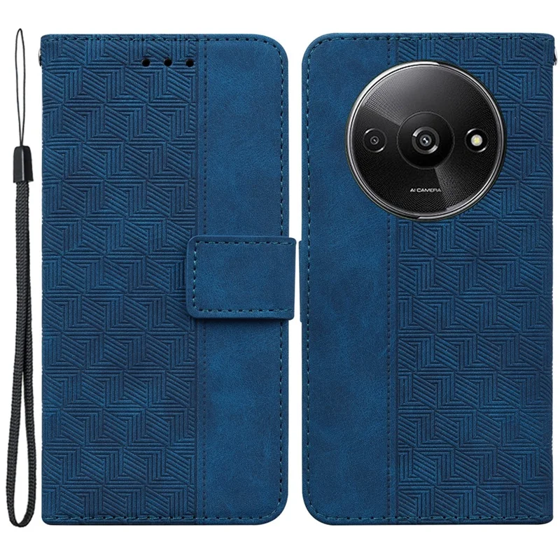 For Xiaomi Redmi A3 / Poco C61 4G Cell Phone Case Leather Cover Phone Protective Shell Geometry Design - Blue