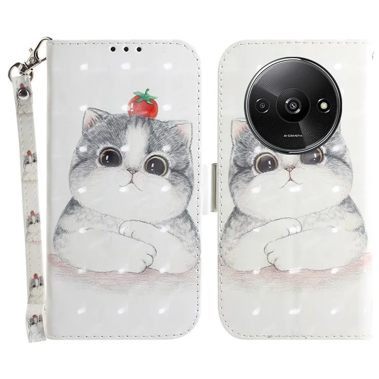 Für Xiaomi Redmi A3 / Poco C61 4G Case Pattern bedruckter Lederhandy-Schutz mit Trageriemen - Süße Katze