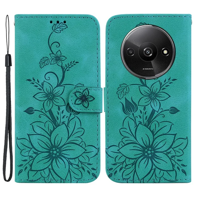 Para Xiaomi Redmi A3 / Poco C61 4G Capa de Telefone Celular Impressão de Flor Capa de Telefone de Couro - Verde