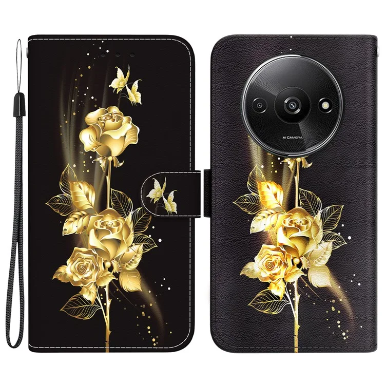 For Xiaomi Redmi A3 / Poco C61 4G Magnetic Case Wallet Design Pattern Printing Phone Cover - Gold Butterfly Rose
