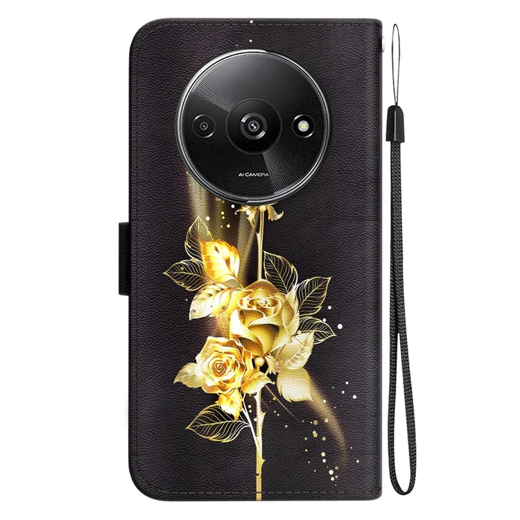 For Xiaomi Redmi A3 / Poco C61 4G Magnetic Case Wallet Design Pattern Printing Phone Cover - Gold Butterfly Rose