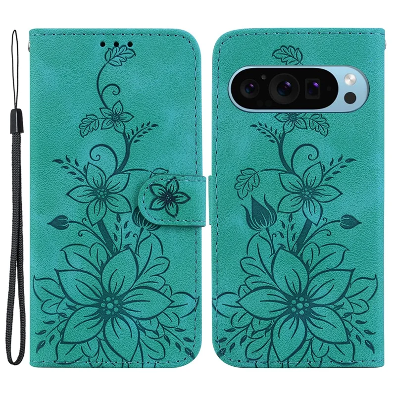 Para Google Pixel 9 Pro Cell Telephip Billet de Cuero Lily Flower Imprint Cover Anti-drop Cover - Verde