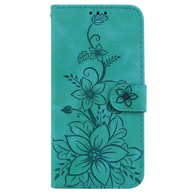 Para Google Pixel 9 Pro Cell Telephip Billet de Cuero Lily Flower Imprint Cover Anti-drop Cover - Verde