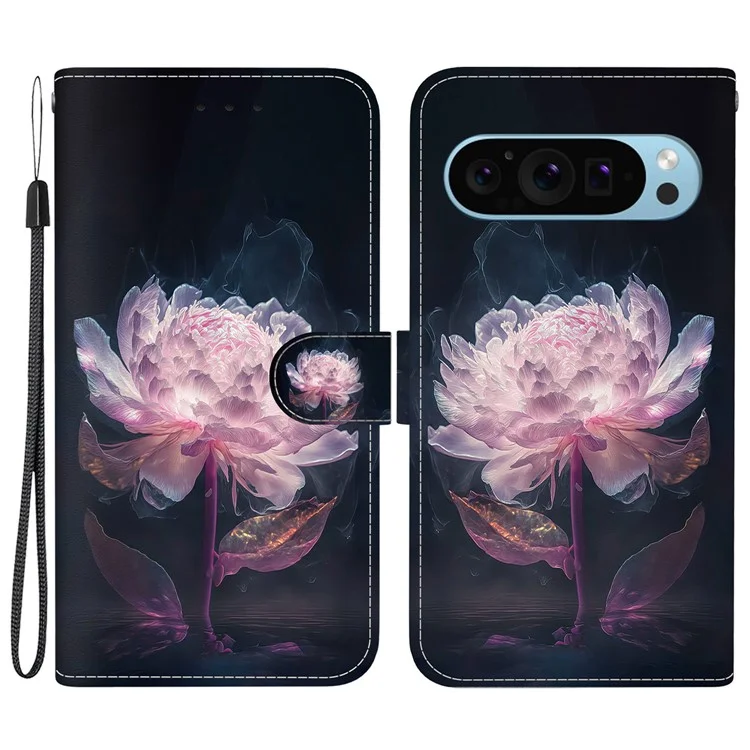 Per Google Pixel 9 Pro XL Case PU Leather Wallet Design Pattern Printing Phone Cover - Purple Peony