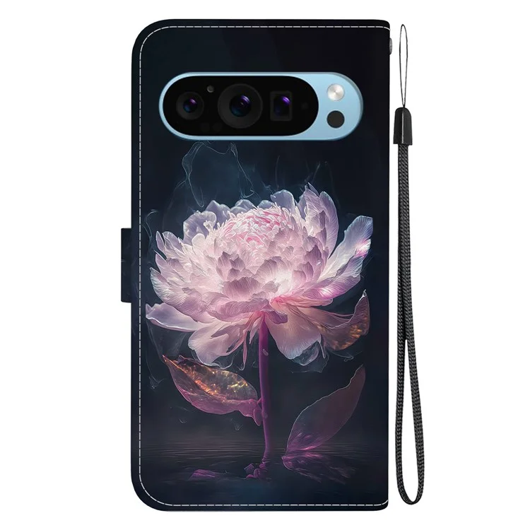 Per Google Pixel 9 Pro XL Case PU Leather Wallet Design Pattern Printing Phone Cover - Purple Peony
