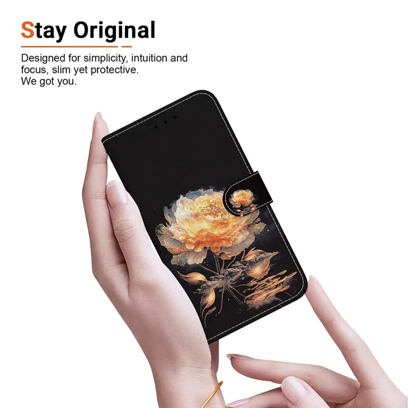 For Google Pixel 9 Pro XL Case PU Leather Wallet Design Pattern Printing Phone Cover - Gold Peony