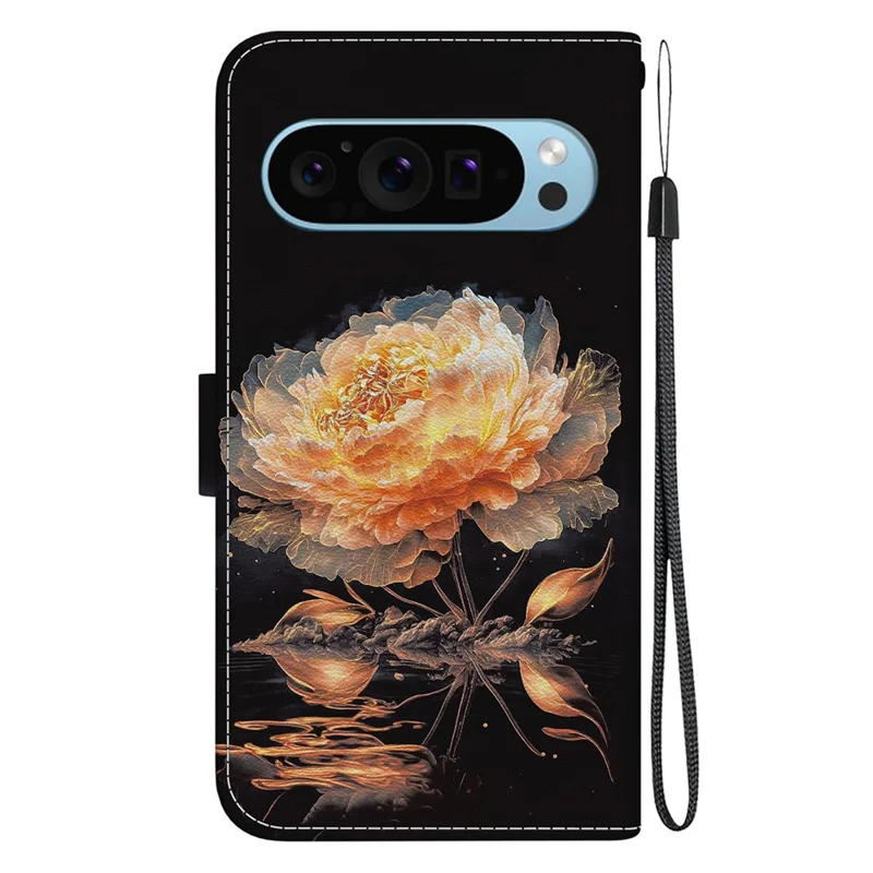 For Google Pixel 9 Pro XL Case PU Leather Wallet Design Pattern Printing Phone Cover - Gold Peony