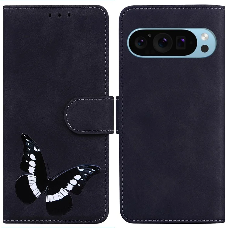 For Google Pixel 9 Pro XL Case Drop Resistant Butterfly Printing PU Leather Mobile Phone Cover - Black
