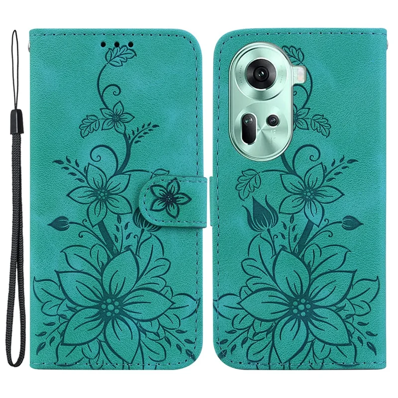 For Oppo Reno11 5G (Global) Case Flower Imprint Leather Wallet Shockproof Smartphone Cover - Green