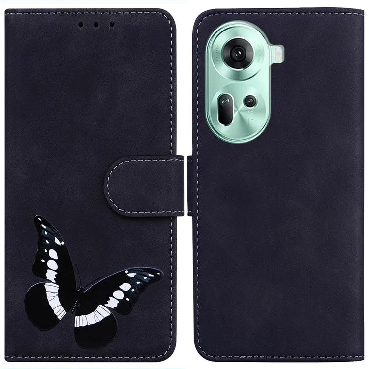 For Oppo Reno11 5G (Global) Cell Phone Case Butterfly Printing Anti-Scratch Leather Flip Cover with Wallet - Black