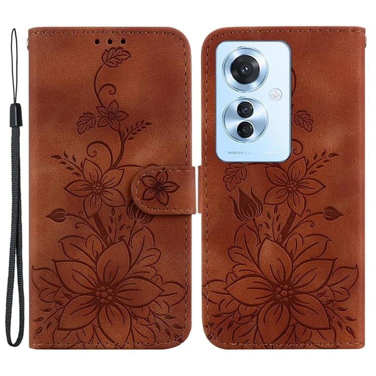 Para el caso de Oppo Reno11 F 5G / F25 Pro 5G Funda de teléfono de billetera de cuero con estampado de flor de lirio de protección completa - Marrón