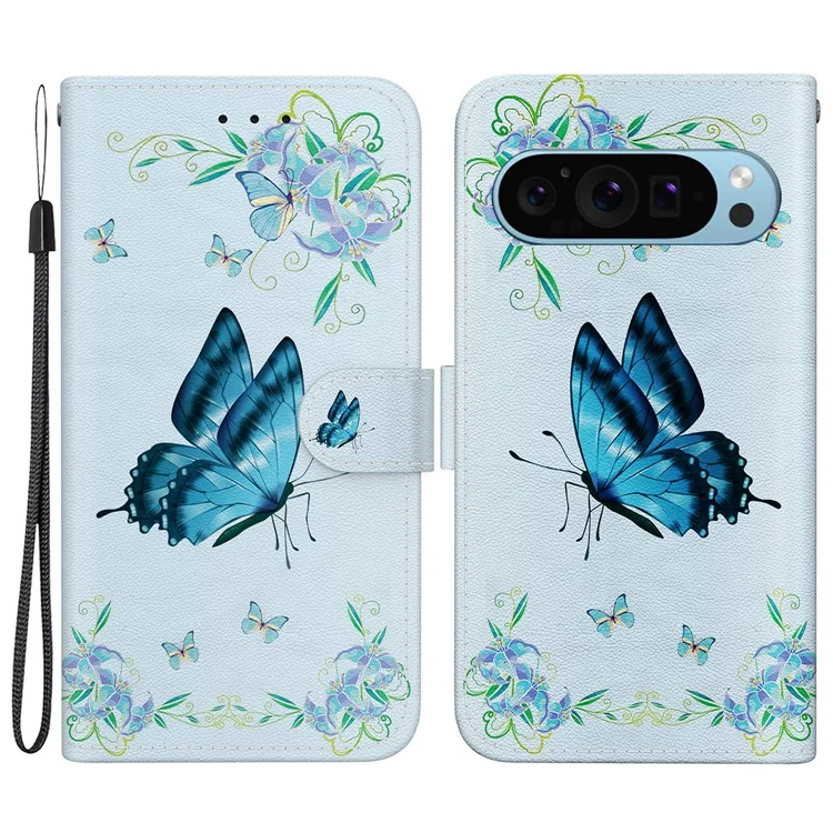 Stand Case for Google Pixel 9 / Pixel 9 Pro Pattern Printing PU Leather + TPU Phone Cover - Blue Butterfly Flower