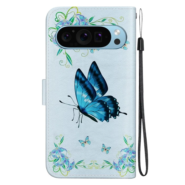 Stand Case for Google Pixel 9 / Pixel 9 Pro Pattern Printing PU Leather + TPU Phone Cover - Blue Butterfly Flower