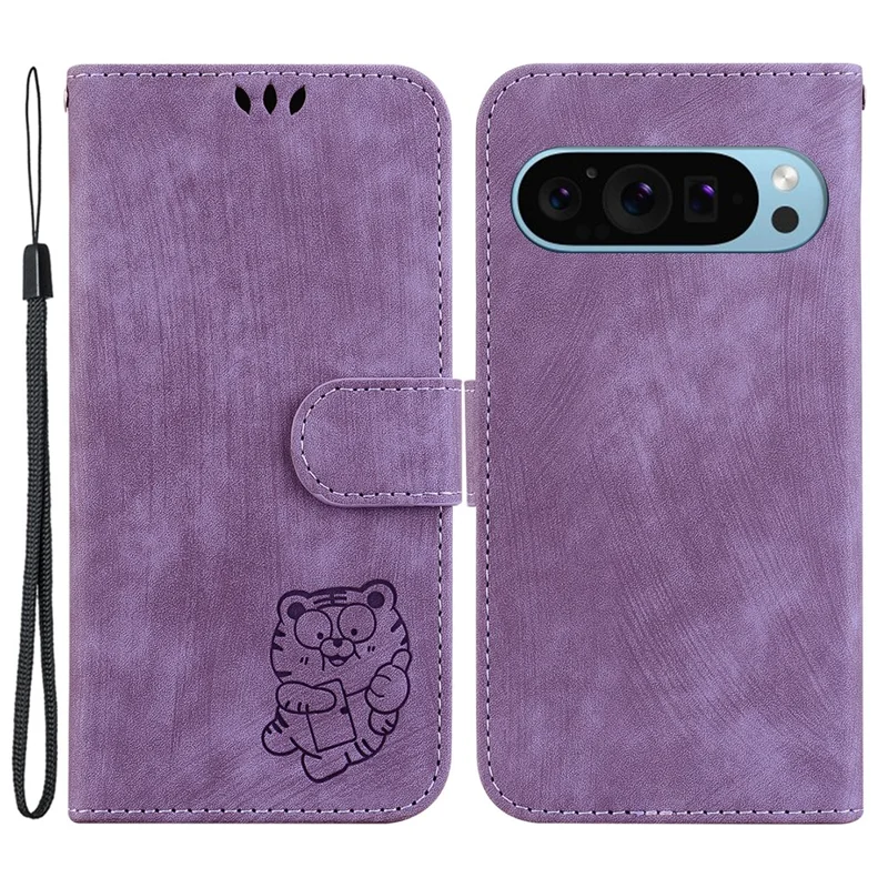 For Google Pixel 9 / Pixel 9 Pro Cell Phone Case Lovely Tiger Imprinted Leather Anti-Scratch Cover - Purple