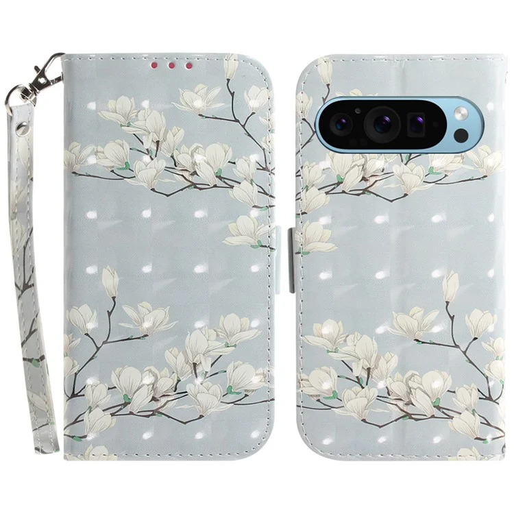 For Google Pixel 9 / Pixel 9 Pro Phone Case Pattern Printed Anti-Drop Leather Folio Flip Cover with Strap - Magnolia