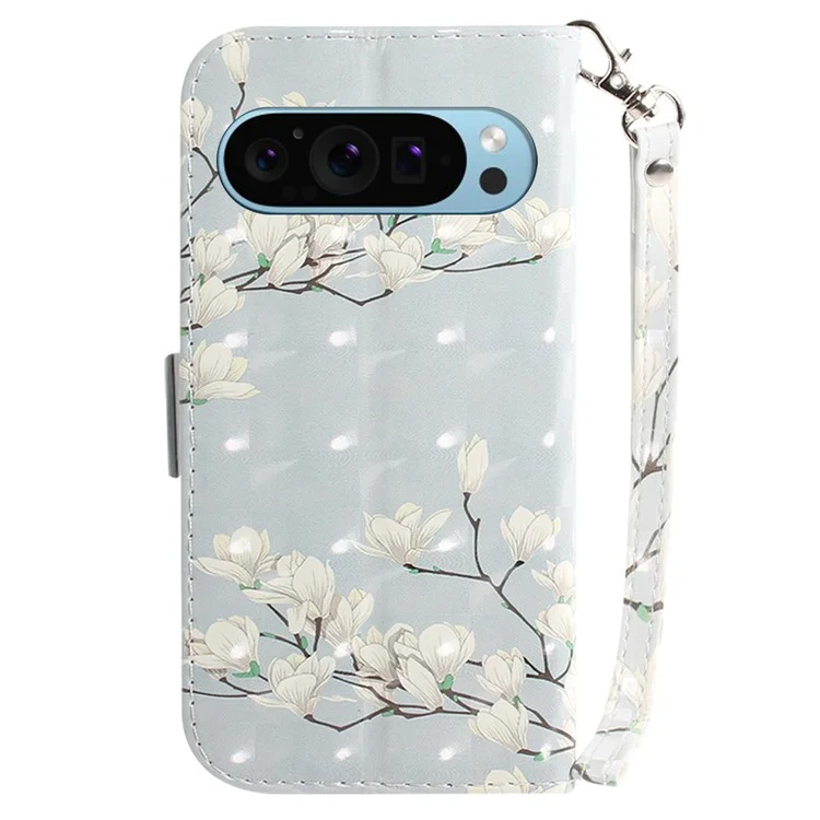 For Google Pixel 9 / Pixel 9 Pro Phone Case Pattern Printed Anti-Drop Leather Folio Flip Cover with Strap - Magnolia
