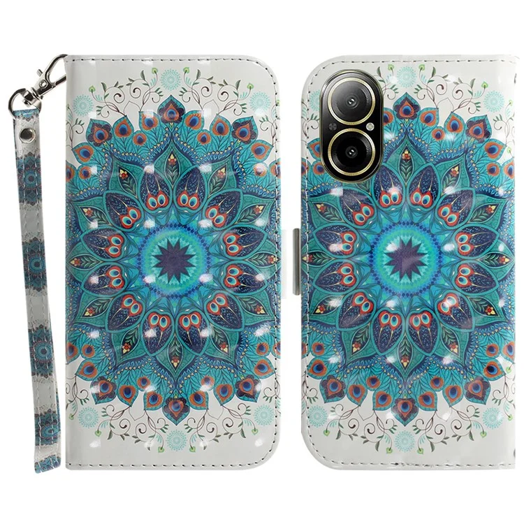 For Realme C67 4G Case Pattern Printing Shockproof Leather Phone Cover with Strap - Peacock Wreath