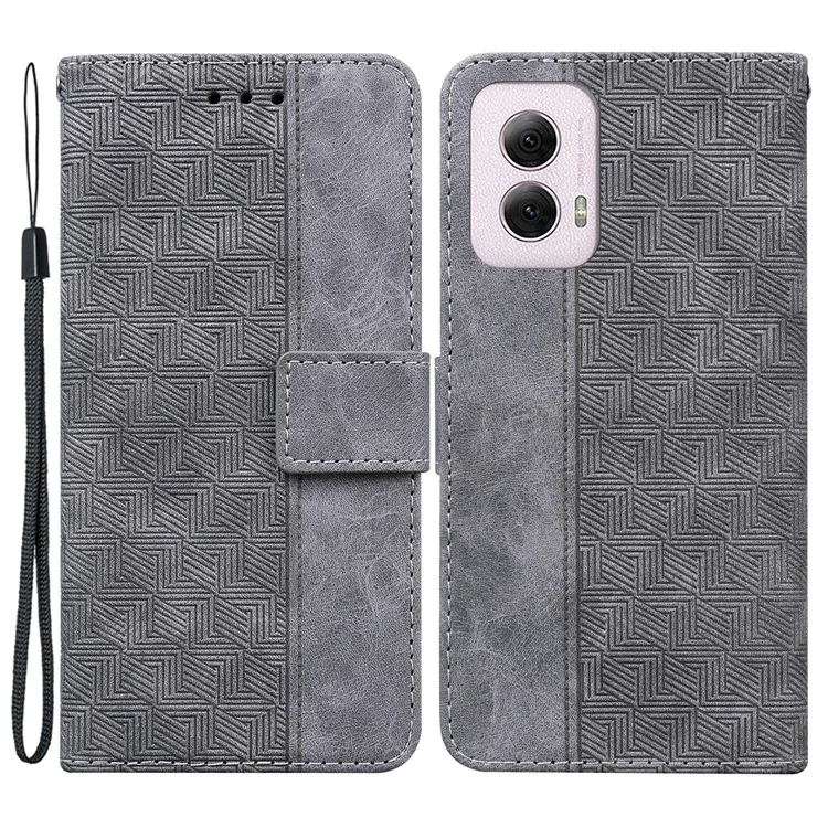 For Motorola Moto G Power (2024) Case 3D Geometry Leather Wallet Phone Cover with Strap - Grey