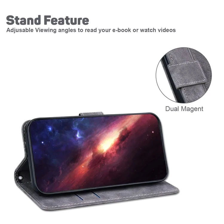 For Motorola Moto G Power (2024) Case 3D Geometry Leather Wallet Phone Cover with Strap - Grey