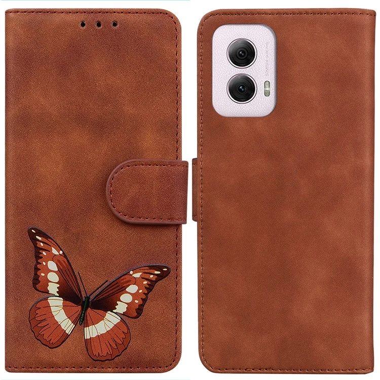 For Motorola Moto G Power (2024) Case Folio Design Butterfly Printing Leather Phone Cover - Brown