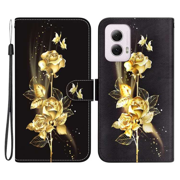 For Motorola Moto G Power (2024) Case Pattern Printed Leather Flip Wallet Phone Cover - Gold Butterfly Rose