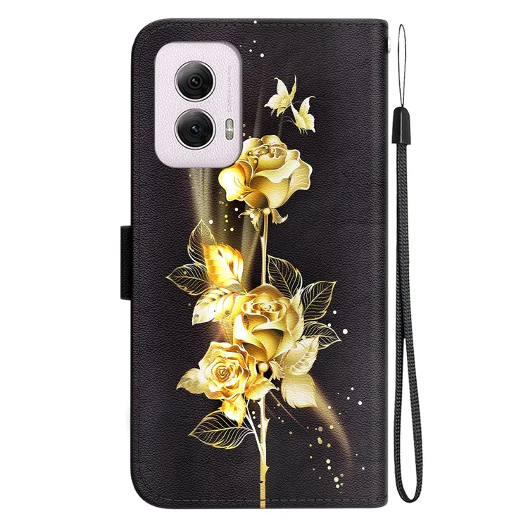 For Motorola Moto G Power (2024) Case Pattern Printed Leather Flip Wallet Phone Cover - Gold Butterfly Rose