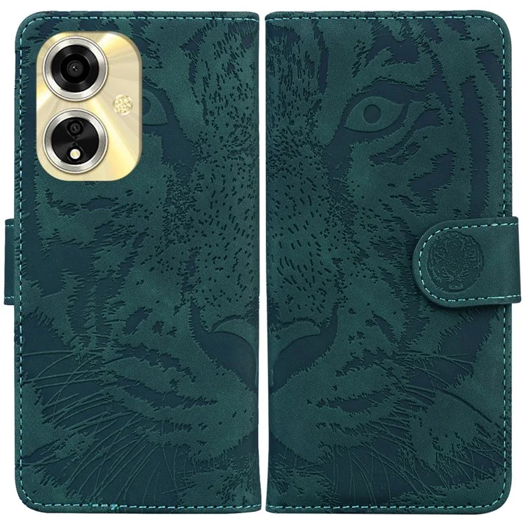 Для Oppo A59 5G / A2m 5G чехол-книжка с тиснением в виде тигра, кожаная, подставка для телефона - зеленый