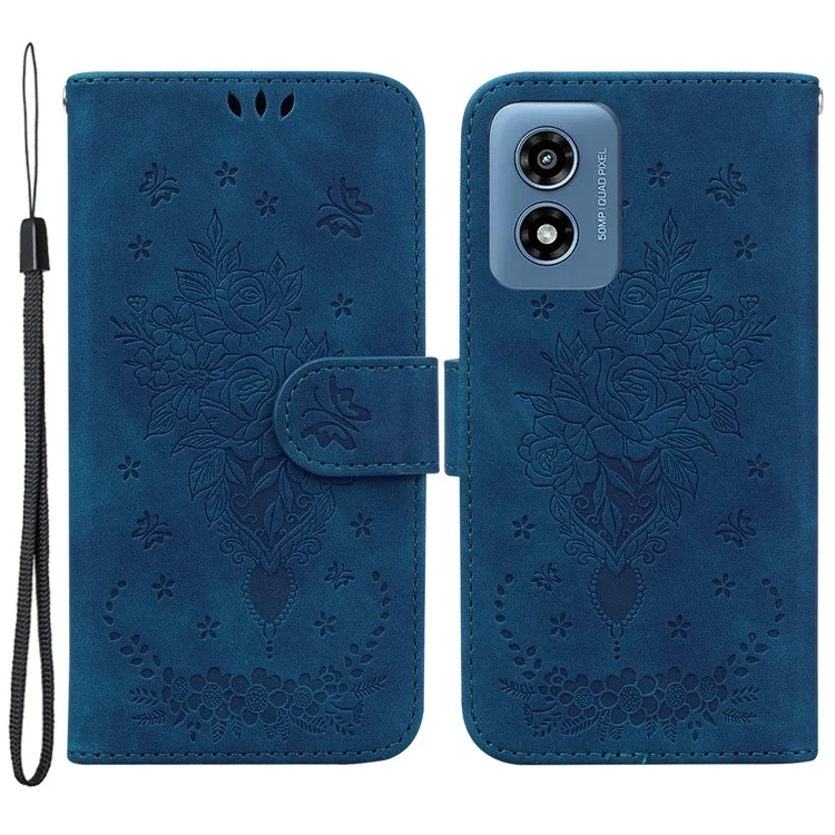 For Motorola Moto G Play (2024) 4G Case Bump Proof Flower Pattern PU Leather Phone Cover - Blue