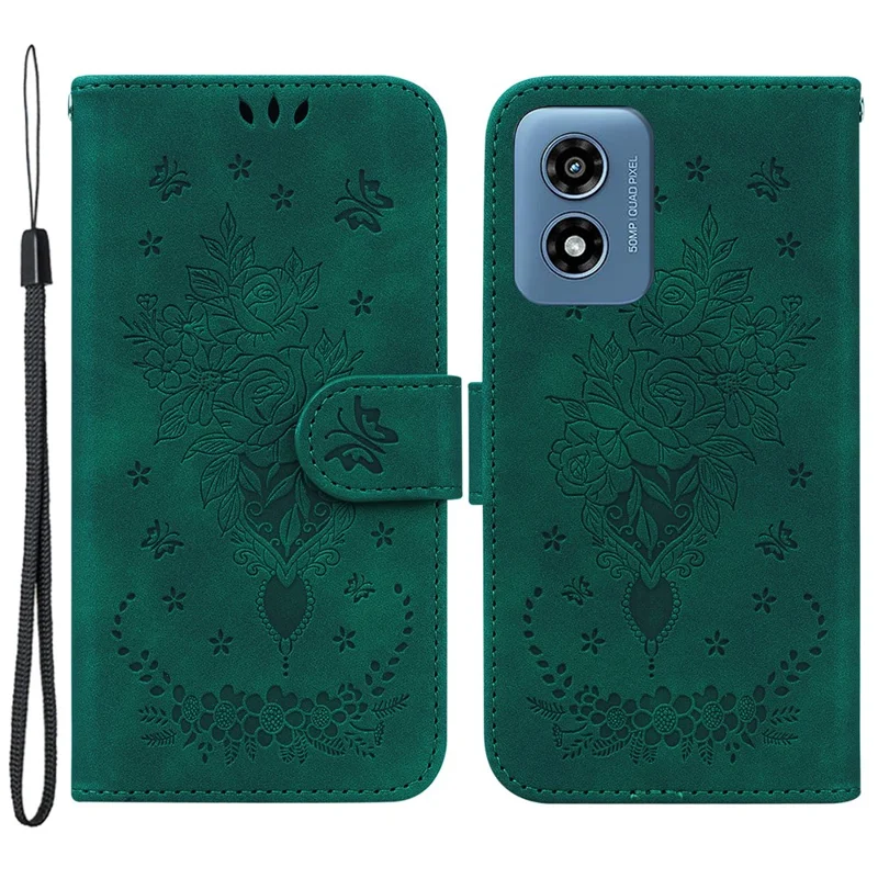 For Motorola Moto G Play (2024) 4G Case Bump Proof Flower Pattern PU Leather Phone Cover - Green