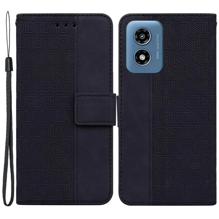 For Motorola Moto G Play (2024) 4G Case 3D Geometry Leather Wallet Phone Cover with Strap - Black